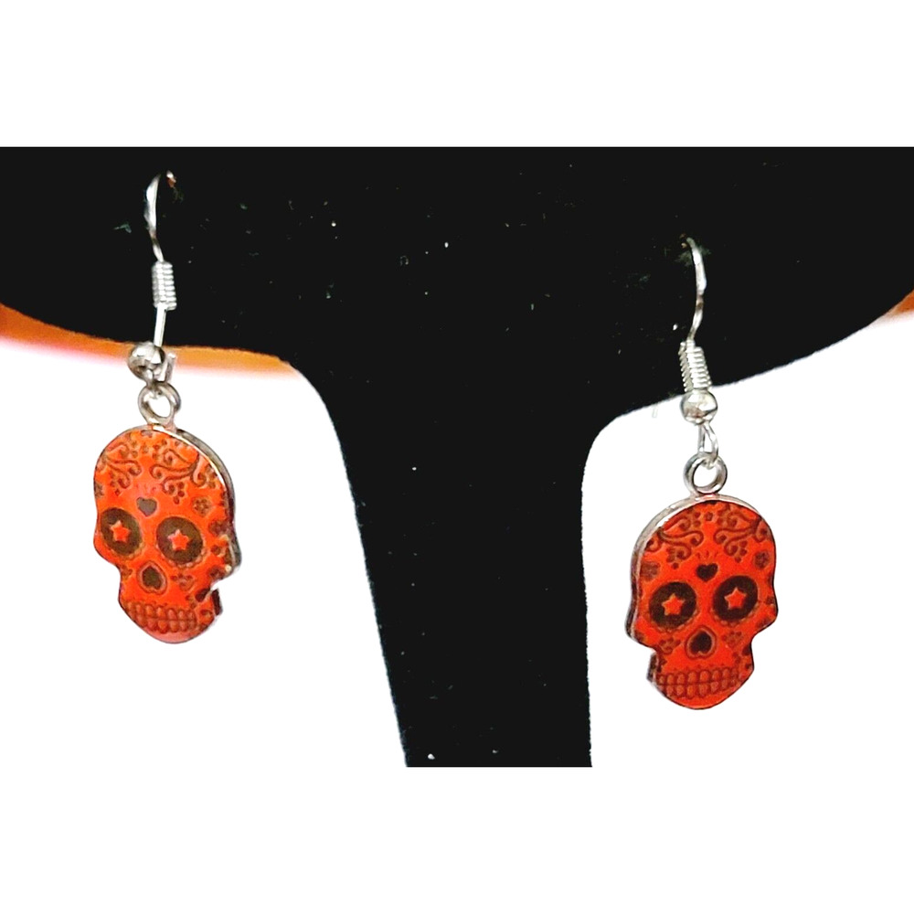Red Sugar Skull Pierced Earrings Dangle 1.25" Long Day of the Dead rp-68‎